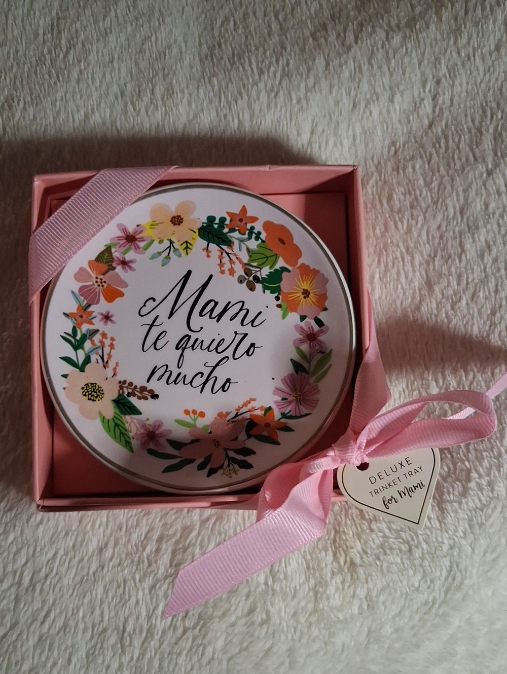 Deluxe Pink Floral Trinket Tray - "Mami te quiero mucho"